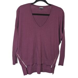 Express XS Burgundy V Neck Long Sleeve Drop Shoulder Hi-Lo Sweater Zipper Detail